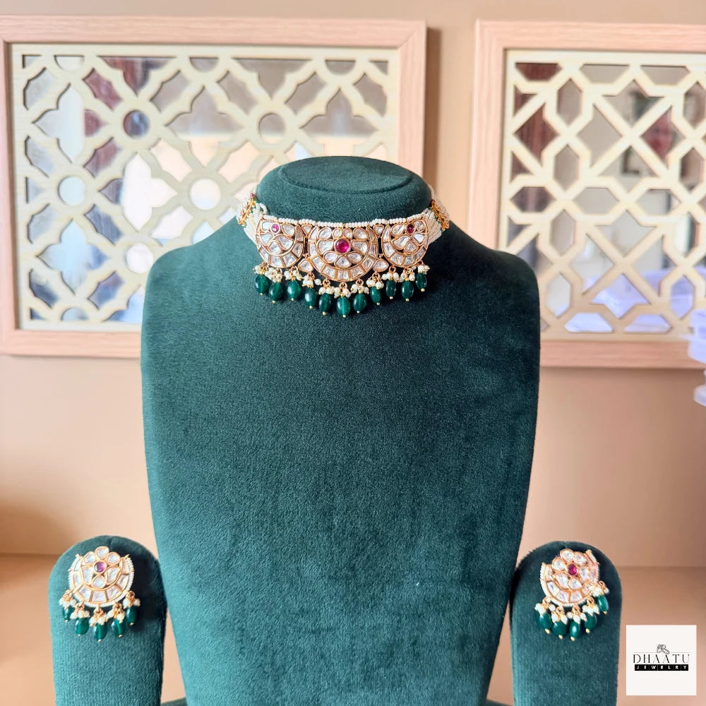 Royal Jadau Kundan Choker Necklace Set with Emerald Green Droplets and Pearl Strands