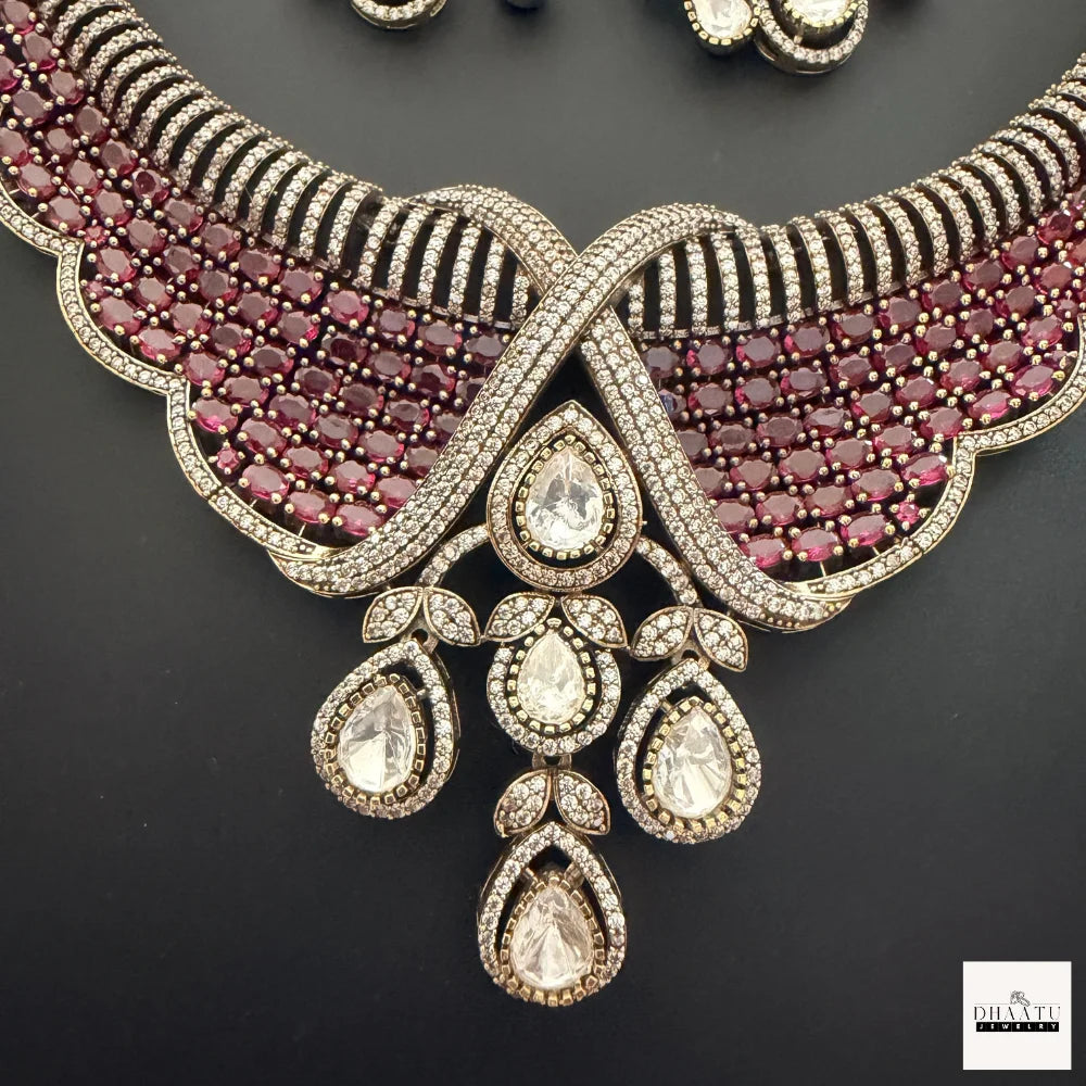 Ruby Tone CZ Bridal Necklace Set with Pear Drop Pendant & Matching Earrings – Gold Finish Artificial Jewelry