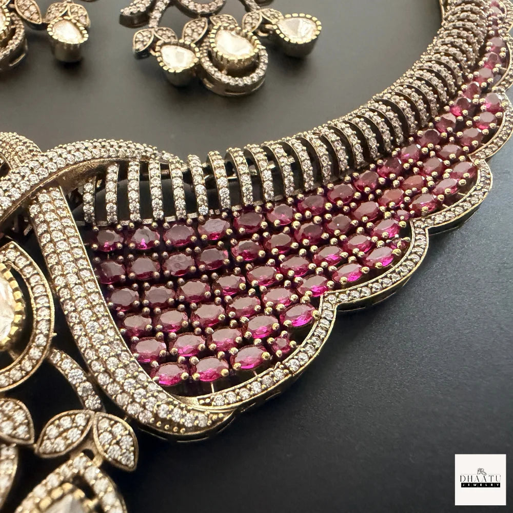 Ruby Tone CZ Bridal Necklace Set with Pear Drop Pendant & Matching Earrings – Gold Finish Artificial Jewelry