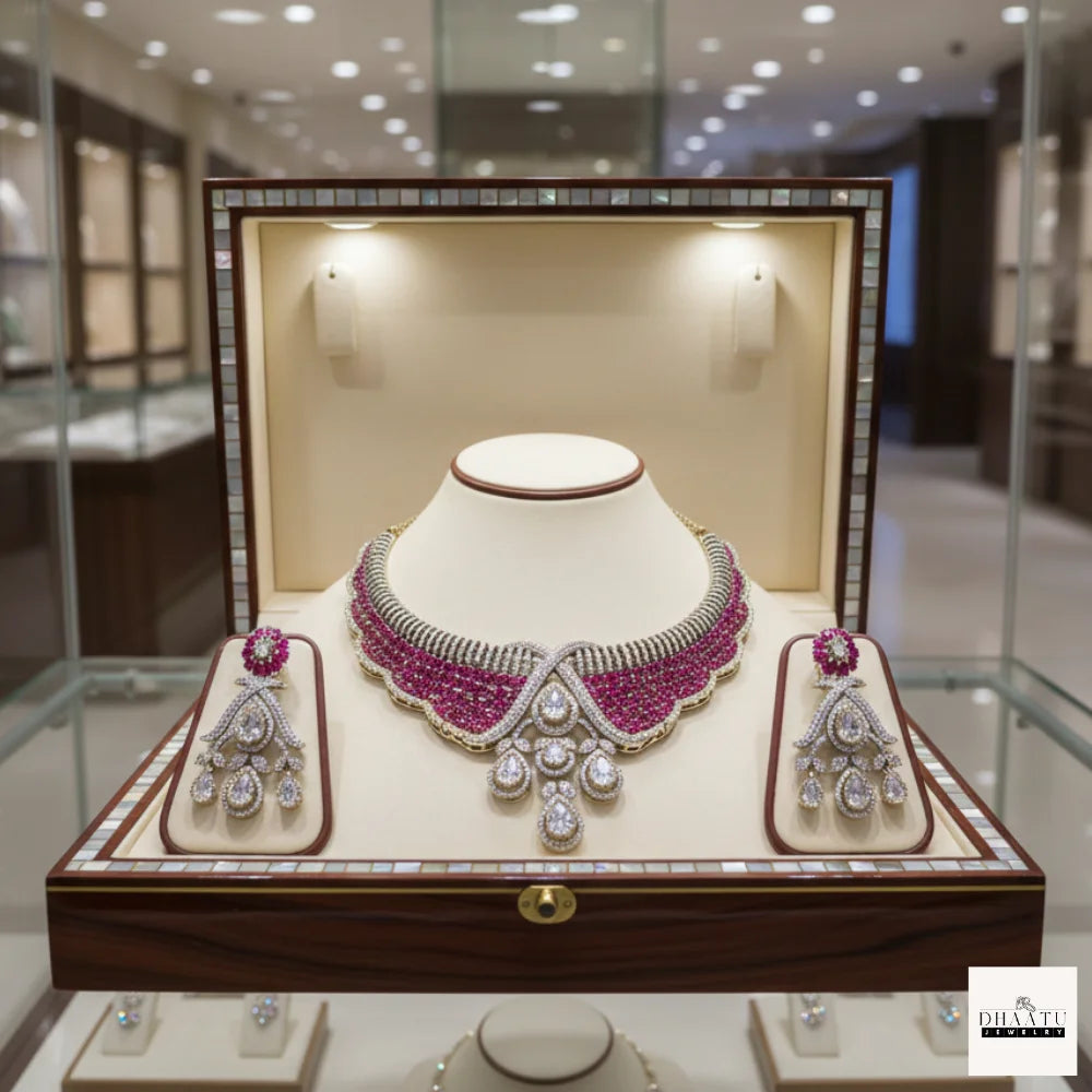 Ruby Tone CZ Bridal Necklace Set with Pear Drop Pendant & Matching Earrings – Gold Finish Artificial Jewelry