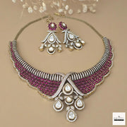 Ruby Tone CZ Bridal Necklace Set with Pear Drop Pendant & Matching Earrings – Gold Finish Artificial Jewelry