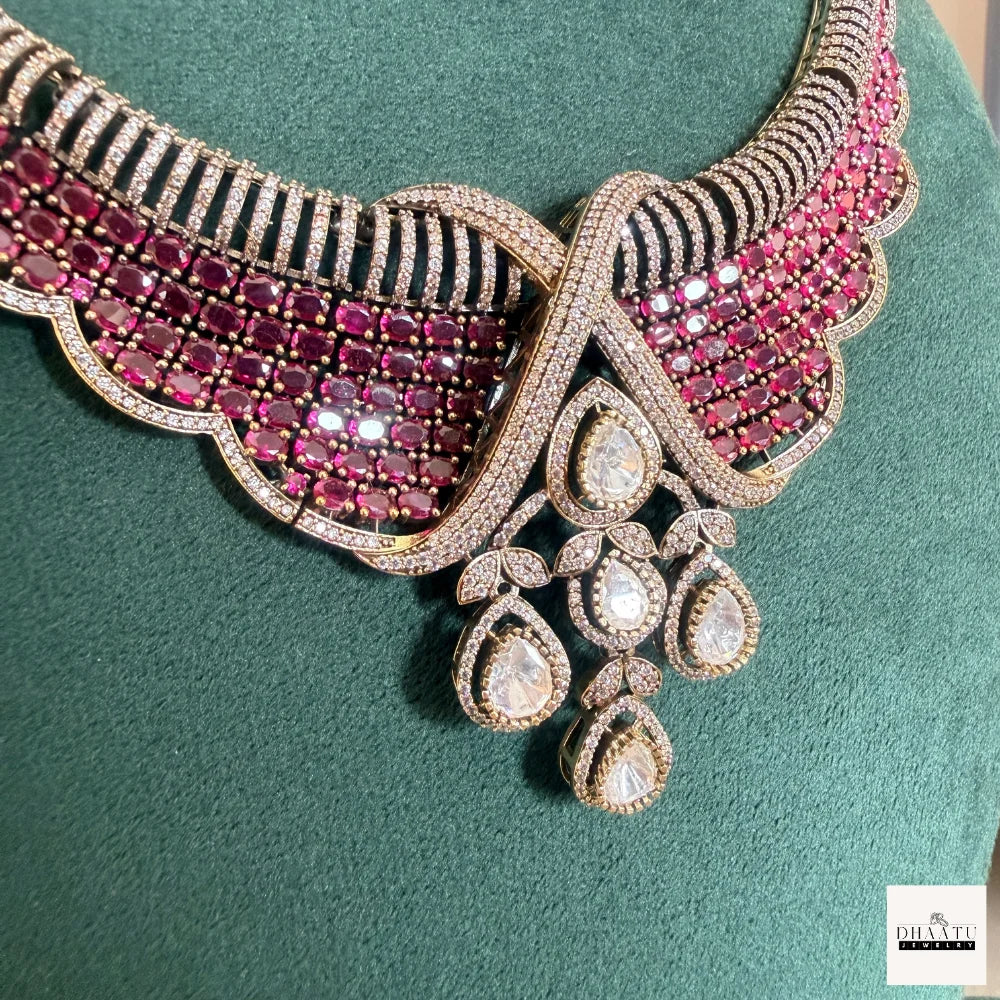 Ruby Tone CZ Bridal Necklace Set with Pear Drop Pendant & Matching Earrings – Gold Finish Artificial Jewelry