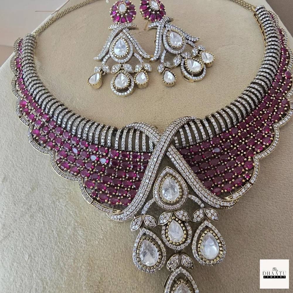 Ruby Tone CZ Bridal Necklace Set with Pear Drop Pendant & Matching Earrings – Gold Finish Artificial Jewelry