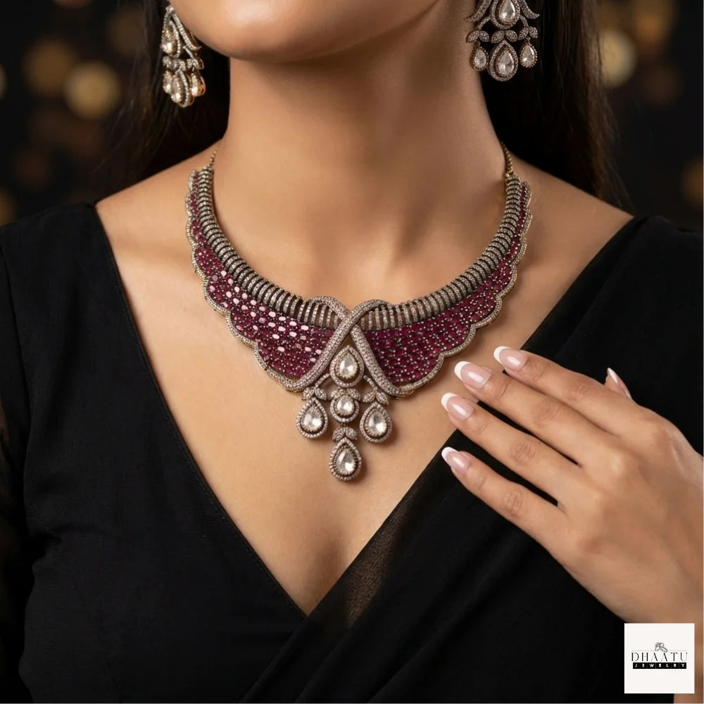 Ruby Tone CZ Bridal Necklace Set with Pear Drop Pendant & Matching Earrings – Gold Finish Artificial Jewelry