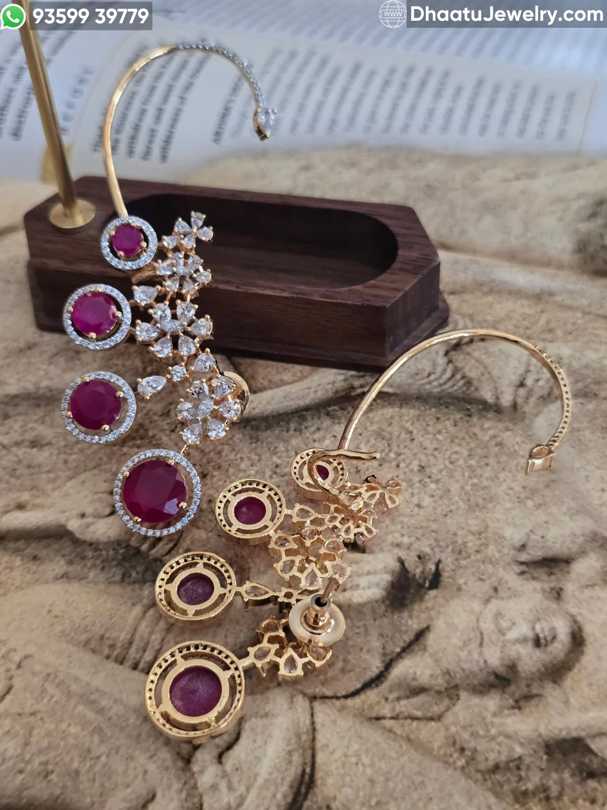 Premium Gold Plated Floral Ear Cuff Earrings with Ruby and Emerald Gemstones – Full Ear Wrap with Adjustable Cartilage Clasp
