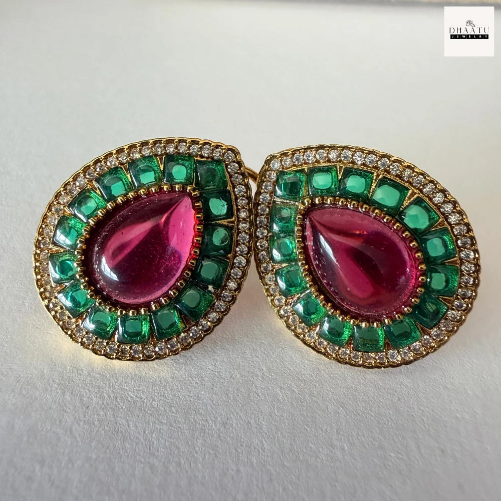 Pear-Cut Gemstone Fusion Jewelry Set – Gold-Plated Teardrop Necklace & Studs with Baguette Halo