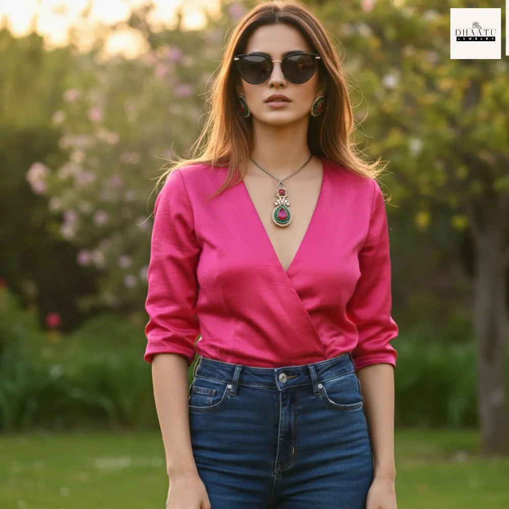 Pear-Cut Gemstone Fusion Jewelry Set – Gold-Plated Teardrop Necklace & Studs with Baguette Halo