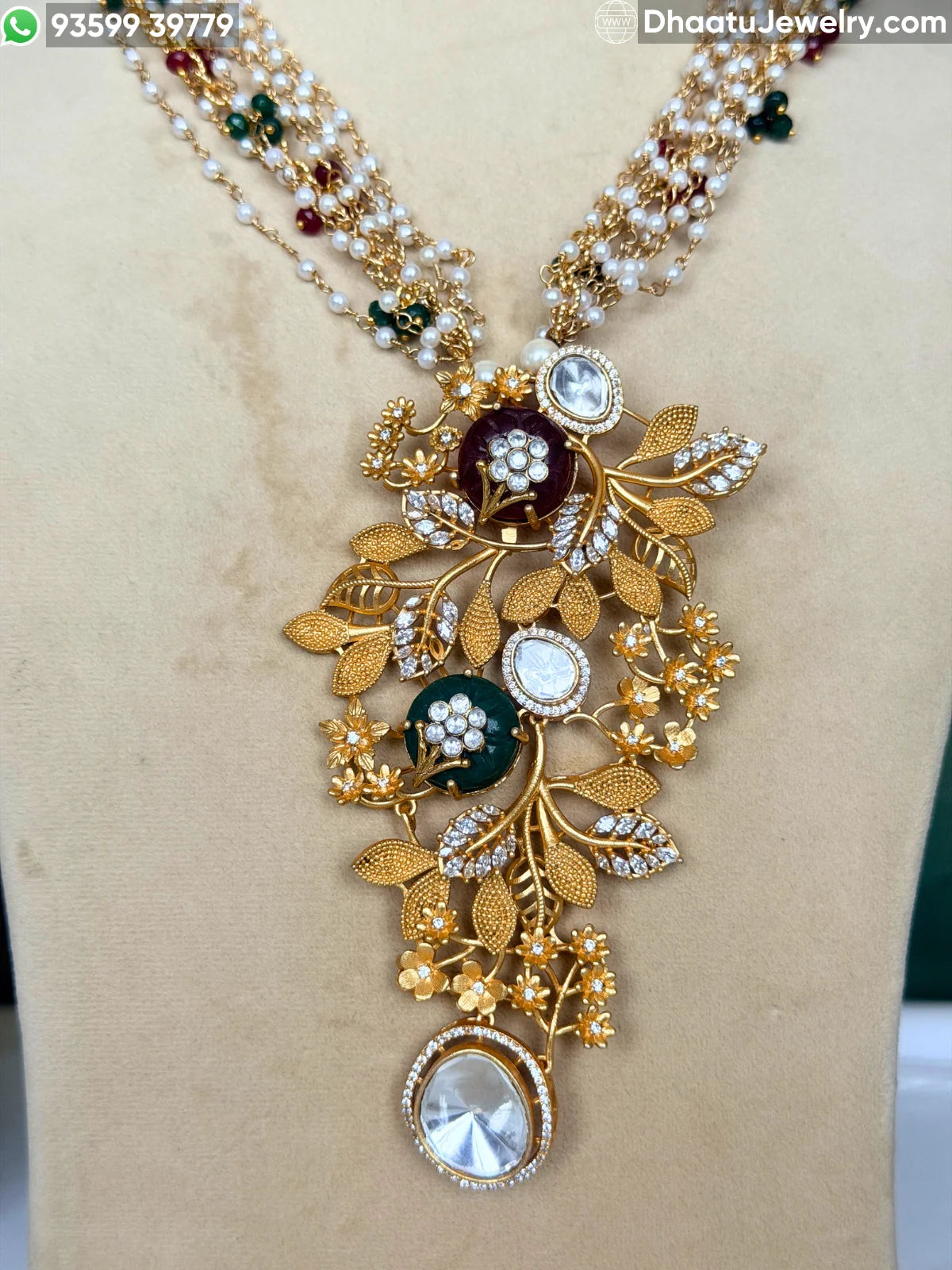 Gold-Finished Brass Floral Kundan & Pearl Layered Necklace Set with Matching Earrings