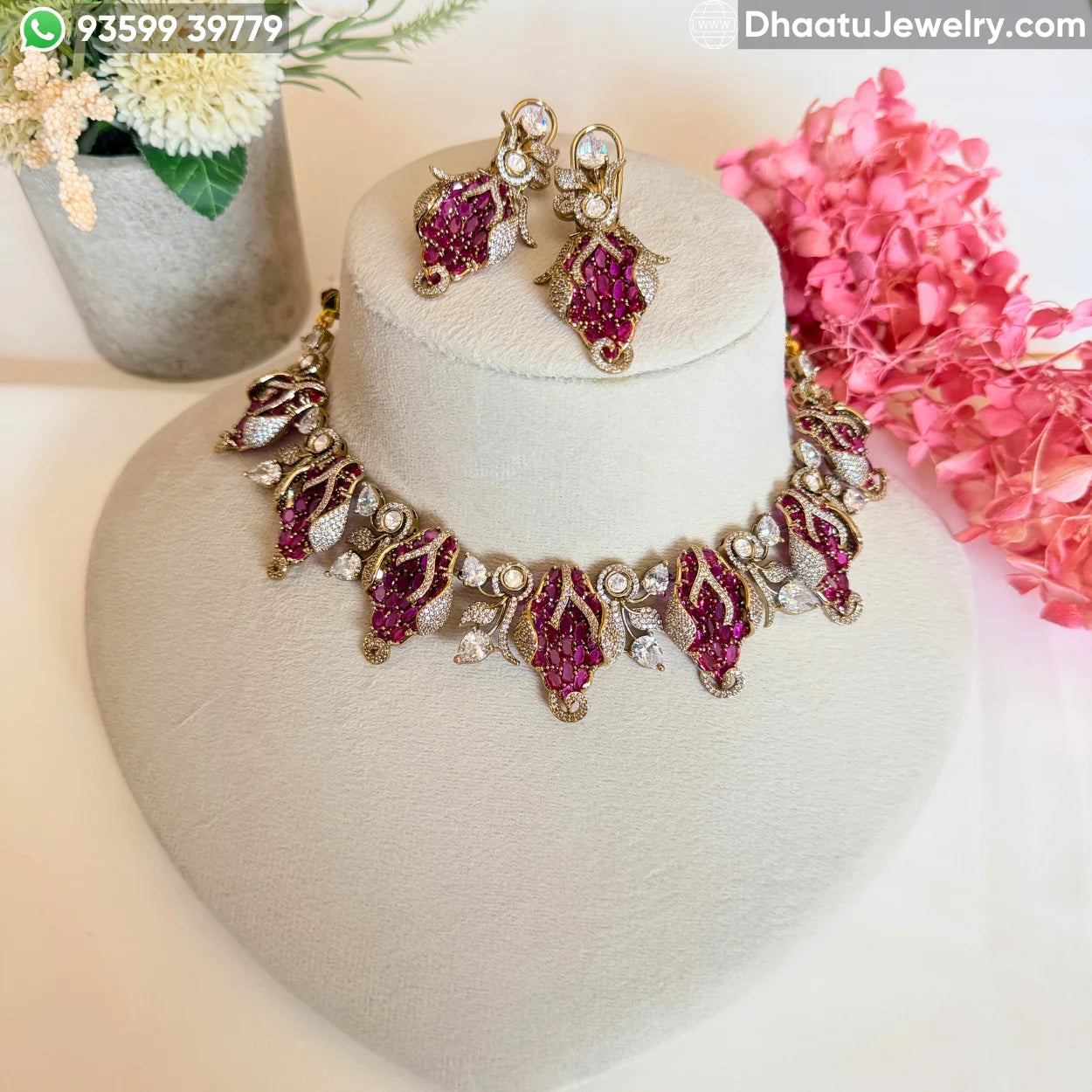 Floral Fusion Choker Set with Ruby & Emerald Stones - Victorian Style Nakshi Jewelry