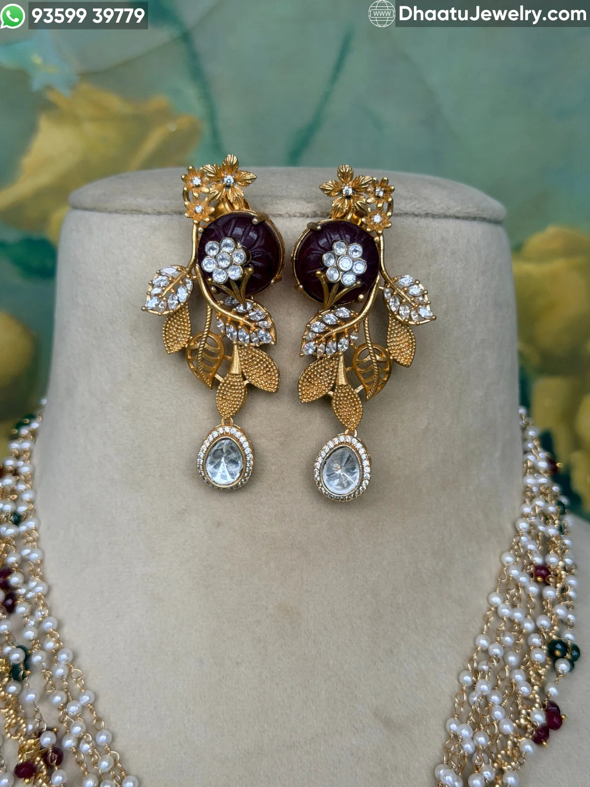 Gold-Finished Brass Floral Kundan & Pearl Layered Necklace Set with Matching Earrings