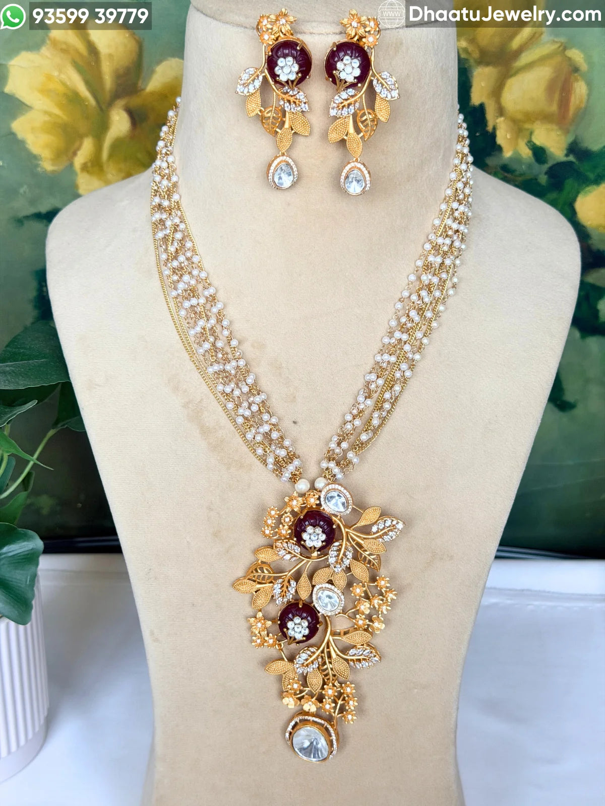 Gold-Finished Brass Floral Kundan & Pearl Layered Necklace Set with Matching Earrings