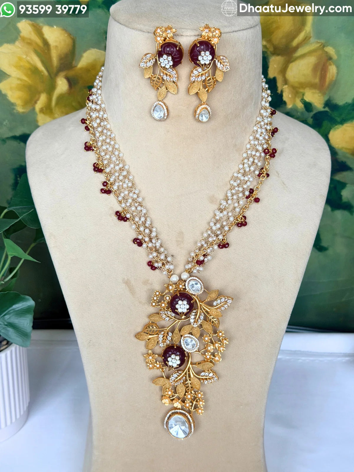 Gold-Finished Brass Floral Kundan & Pearl Layered Necklace Set with Matching Earrings