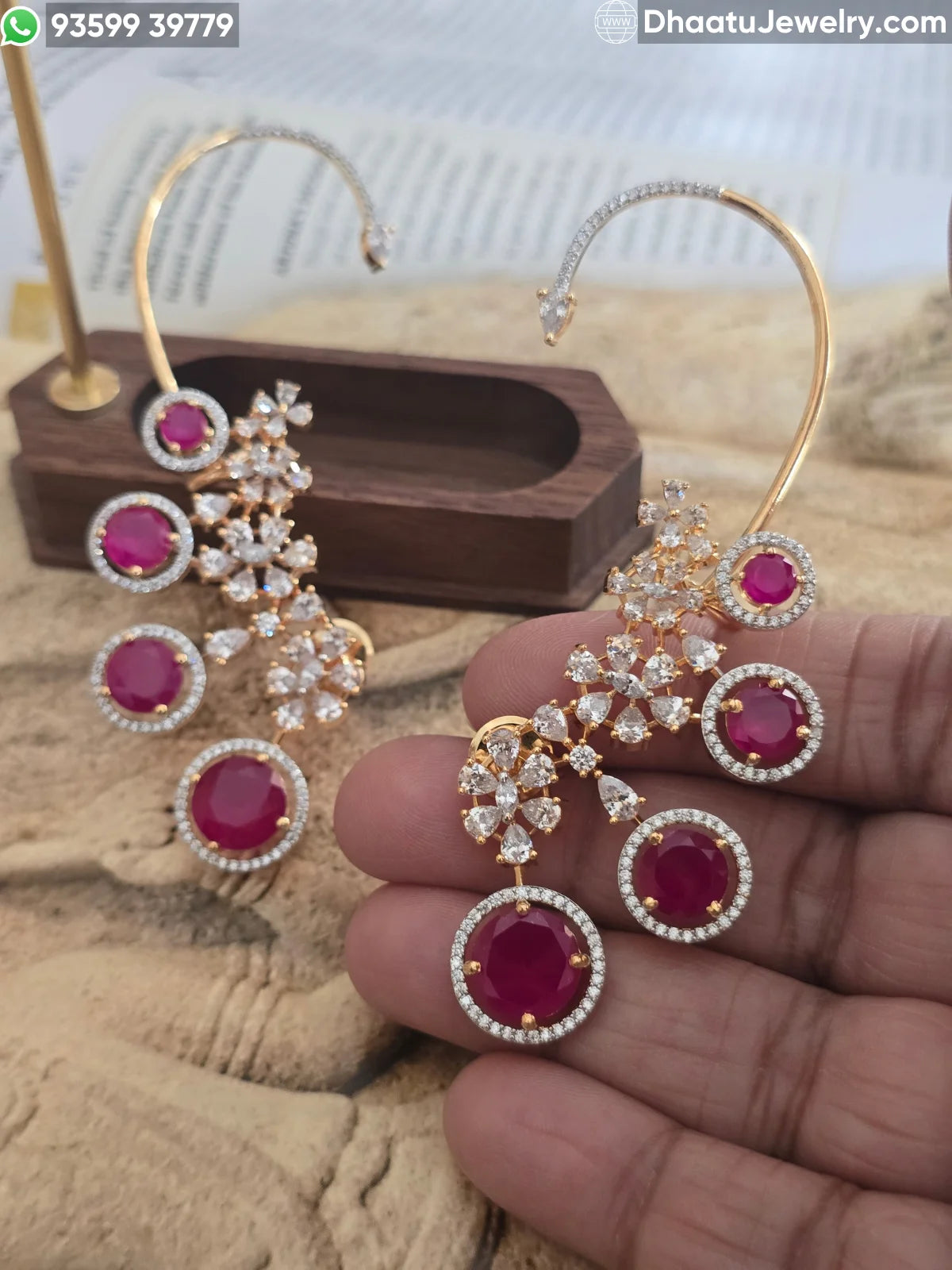 Premium Gold Plated Floral Ear Cuff Earrings with Ruby and Emerald Gemstones – Full Ear Wrap with Adjustable Cartilage Clasp