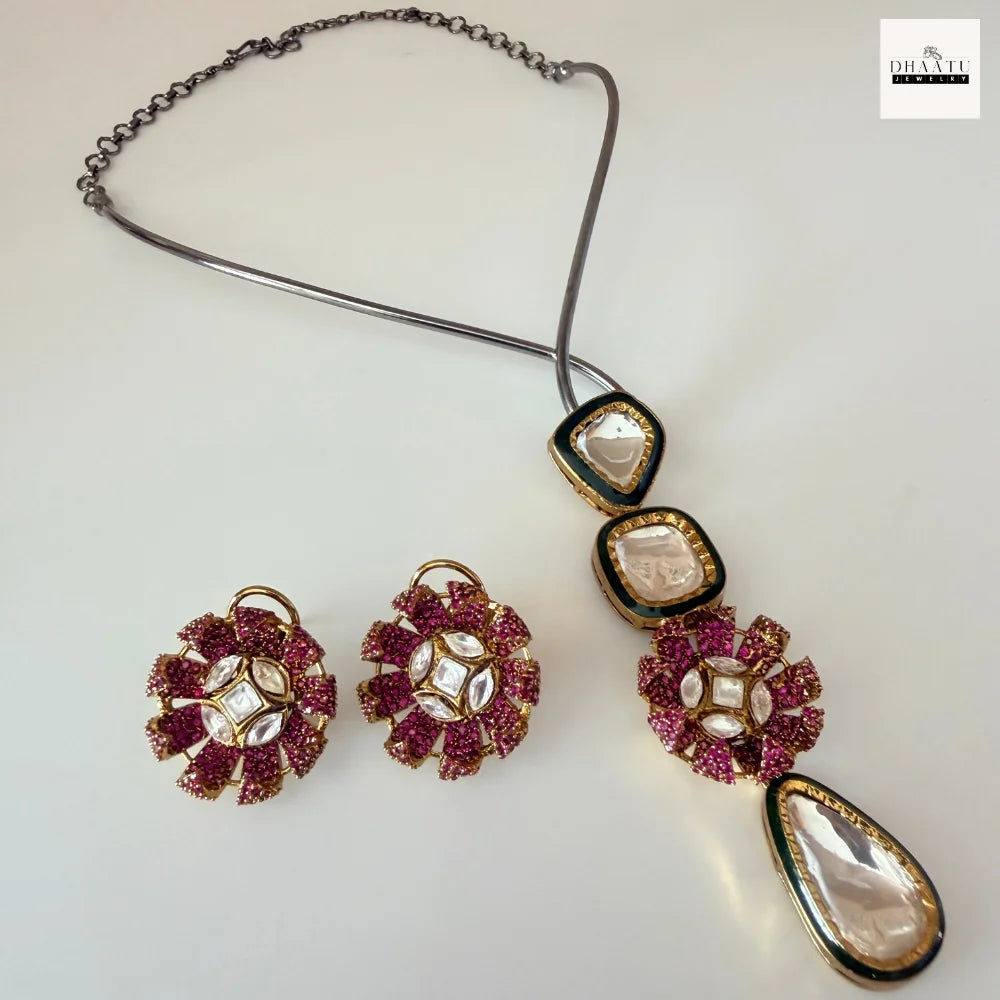 Handcrafted Kundan Polki Floral Pendant Necklace & Earrings Set With Meenakari Work