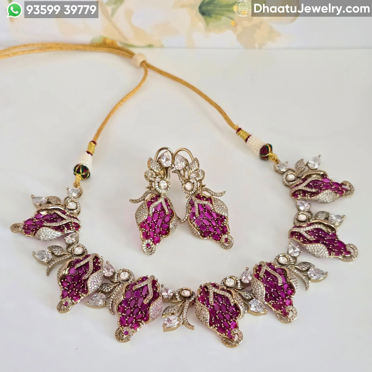 Floral Fusion Choker Set with Ruby & Emerald Stones - Victorian Style Nakshi Jewelry