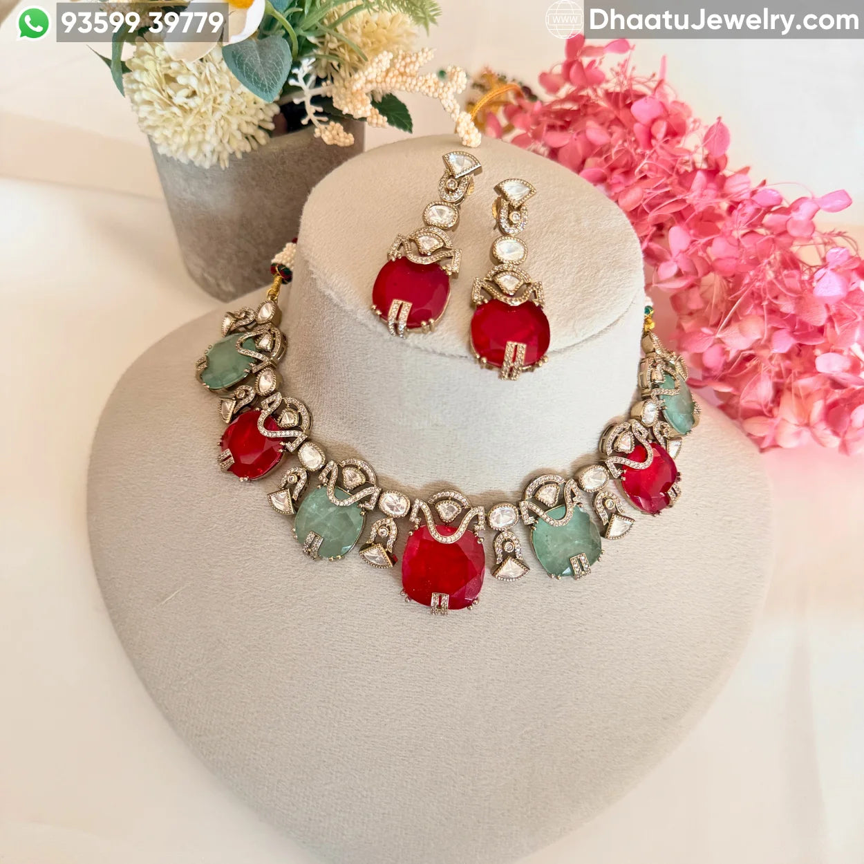 Handcrafted Kundan & Polki Meenakari Choker Set with Semi-Precious Stone Droplets