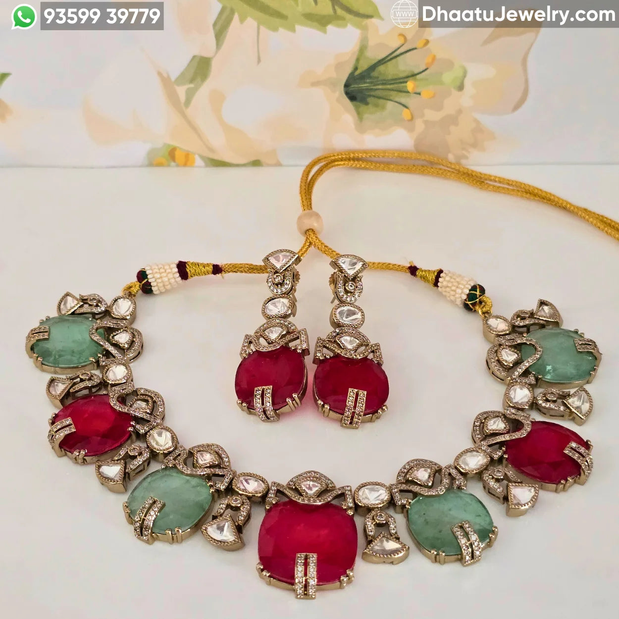 Handcrafted Kundan & Polki Meenakari Choker Set with Semi-Precious Stone Droplets