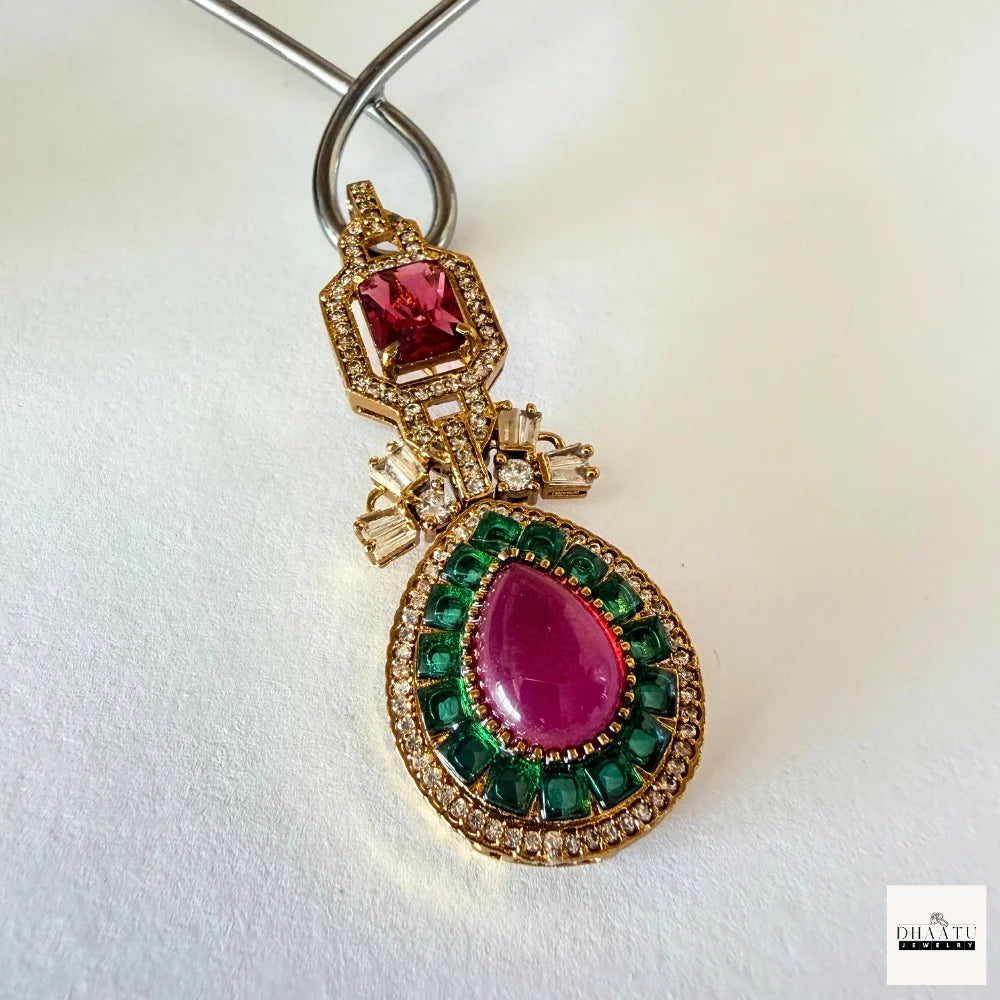 Pear-Cut Gemstone Fusion Jewelry Set – Gold-Plated Teardrop Necklace & Studs with Baguette Halo