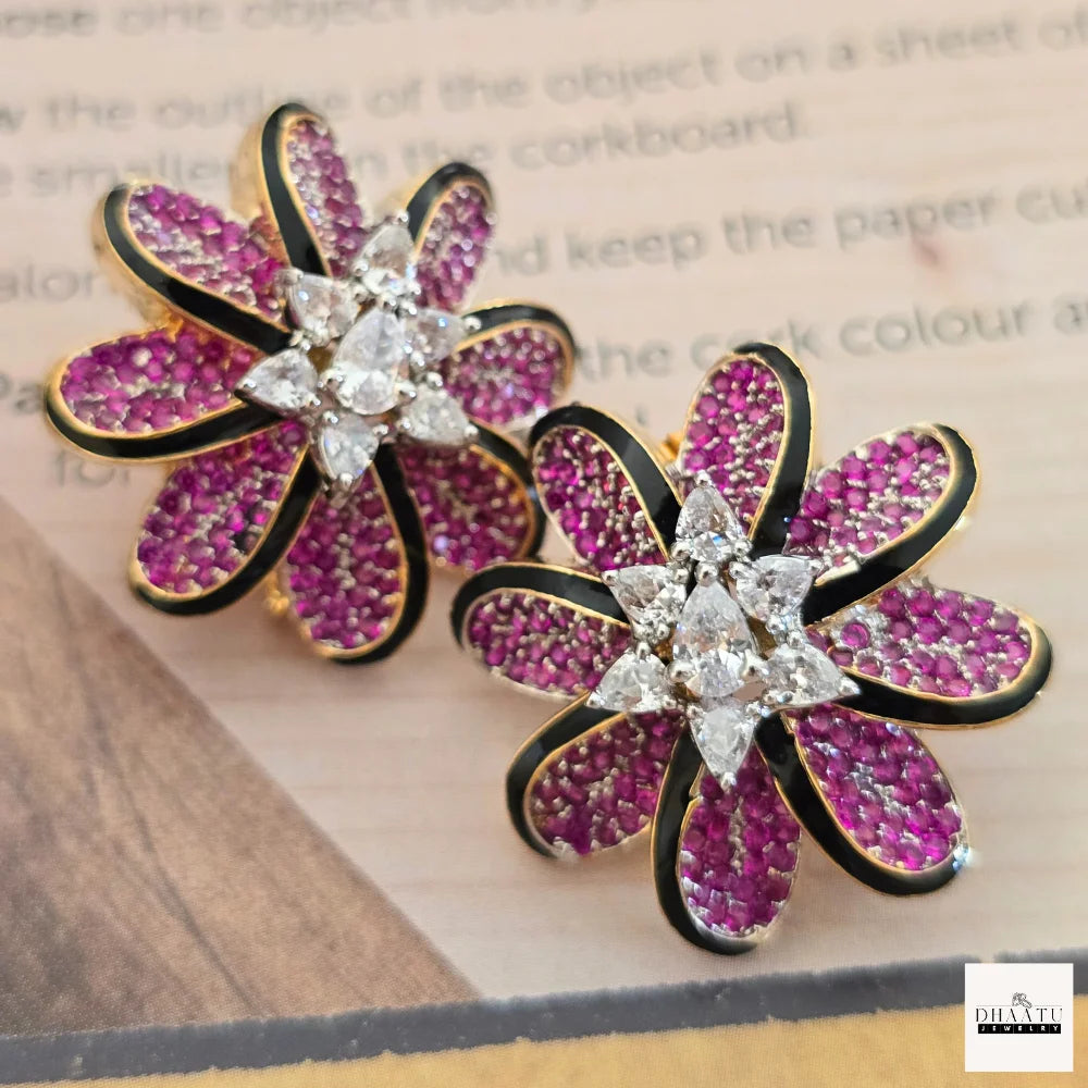 Lumina Enamel-Edged Crystal Floral Stud Earrings | Gold-Plated Statement Jewelry