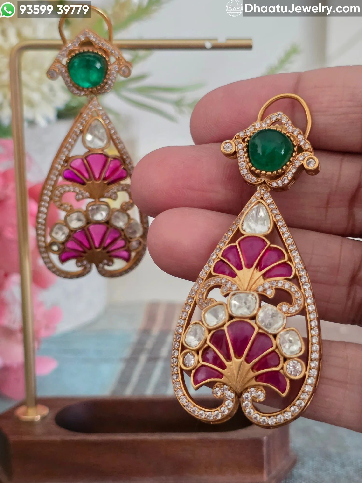 Antique Mehendi Plated Moissanite, Kundan & Ruby-Emerald Doublet Teardrop Earrings