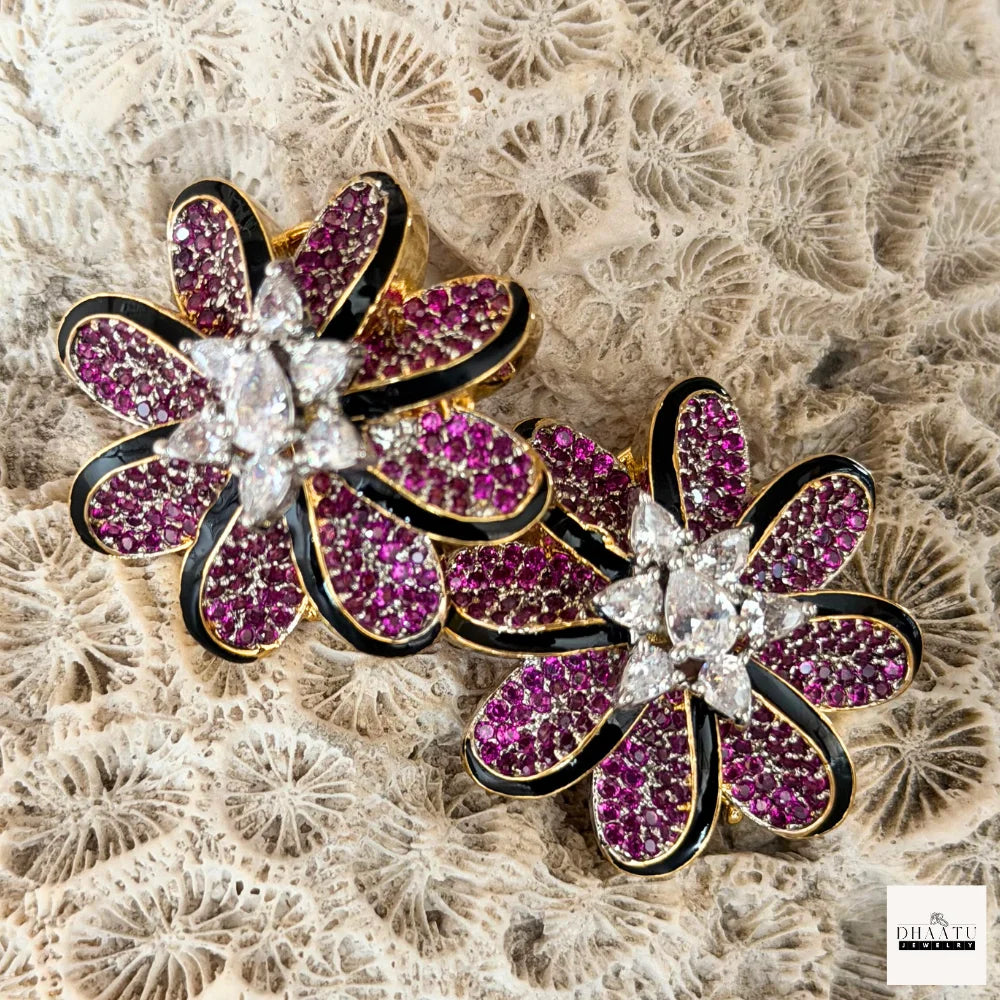 Lumina Enamel-Edged Crystal Floral Stud Earrings | Gold-Plated Statement Jewelry