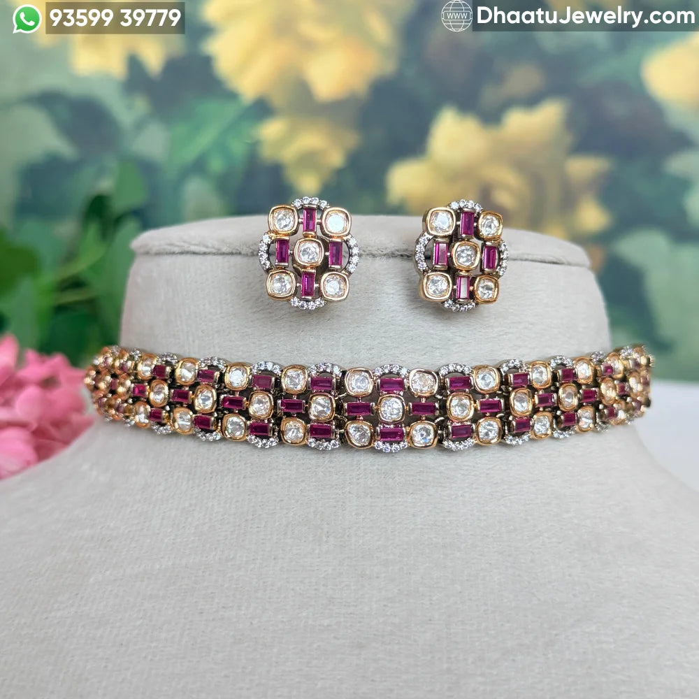 Handcrafted Real Polki and Moissanite Choker Set with Ruby & Emerald Baguettes – Adjustable Bridal Necklace and Stud Earrings Set