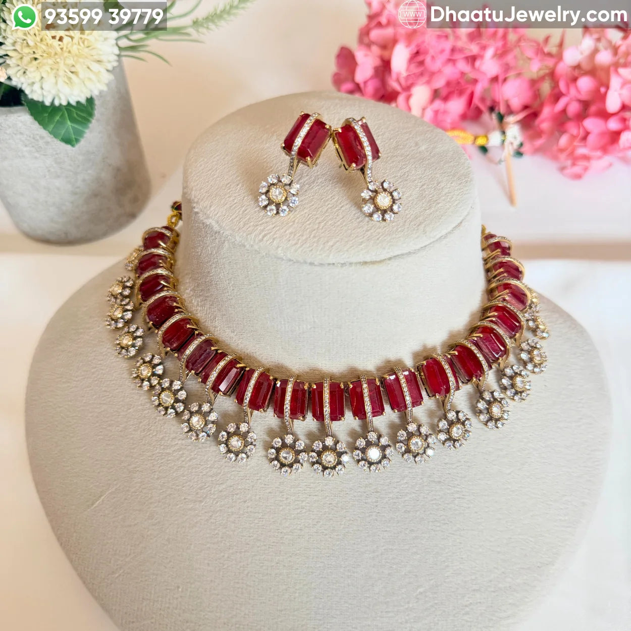 Handcrafted Kundan & Moissanite Choker Necklace Set with Emerald & Ruby Monalisa Stones