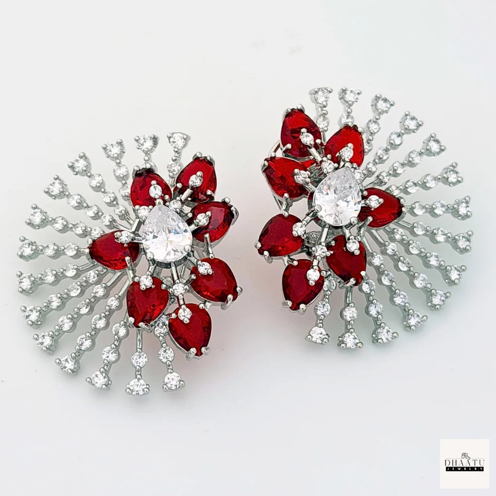 Celestial Sunburst Statement Stud Earrings – Pear-Cut Cubic Zirconia & Crystal Halo (Available in 5 Colors) | Silver Plating