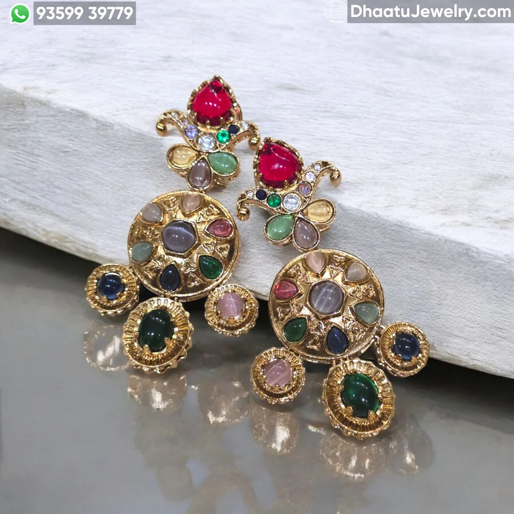 Multi-Color Doublet Semi-Precious Stone Gold-Plated Statement Earrings – Vintage Royal Indian Chandbali Style