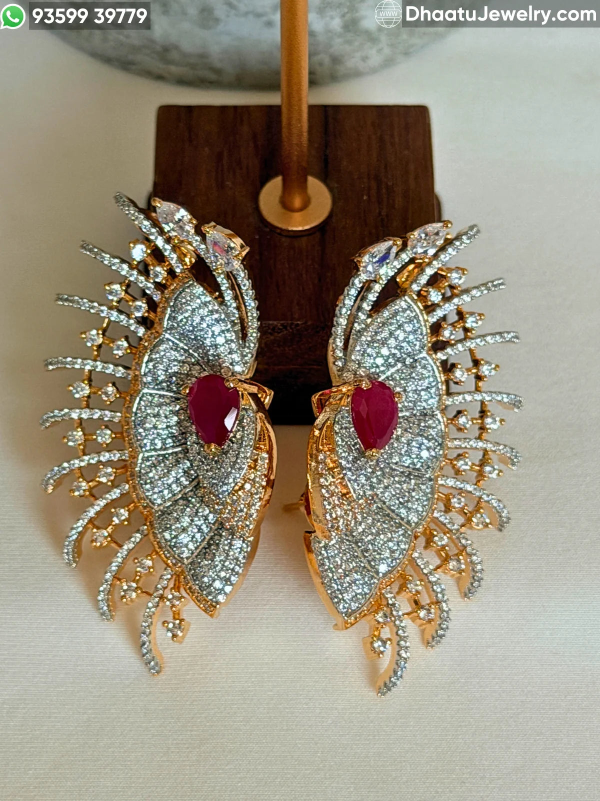 Premium Floral Gold-Plated CZ Statement Ear Cuff Earrings with Cartilage Clasp - Available in Emerald Green, Ruby Red, and Crystal White