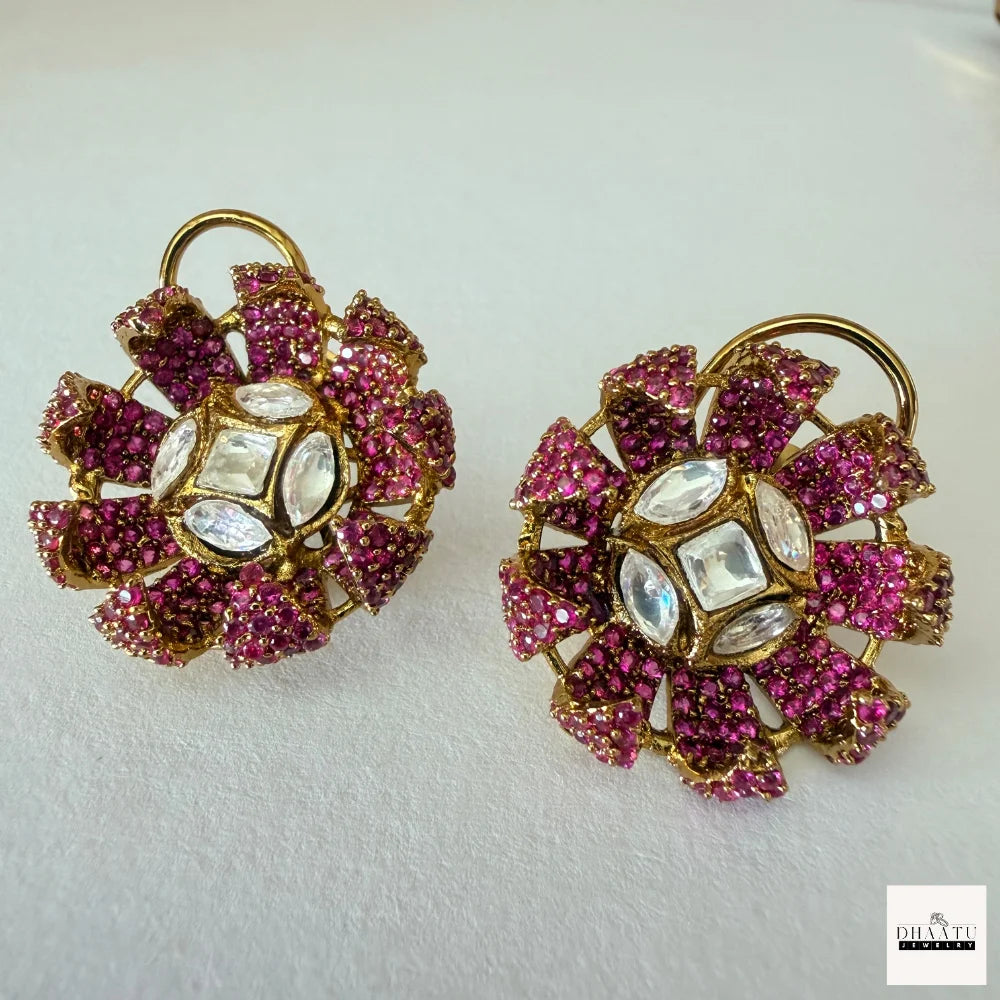 Handcrafted Kundan Polki Floral Pendant Necklace & Earrings Set With Meenakari Work