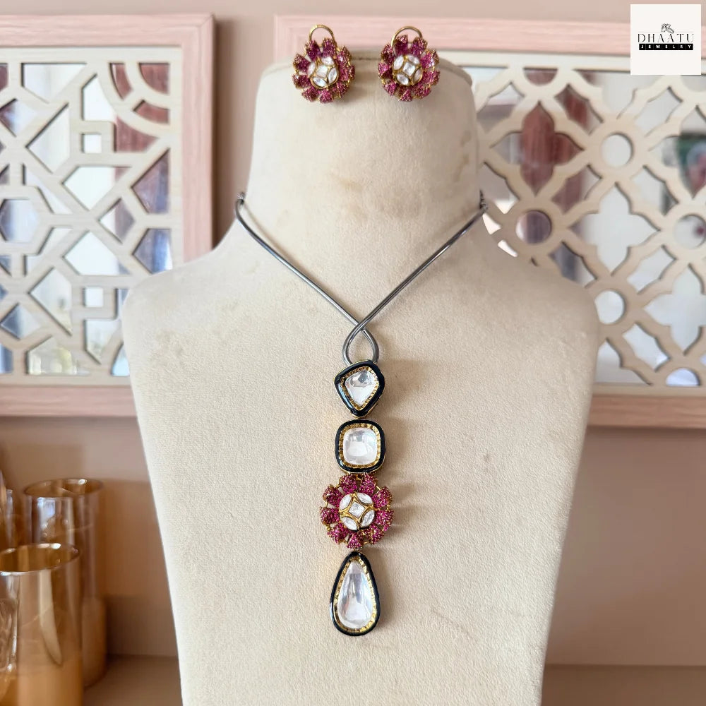 Handcrafted Kundan Polki Floral Pendant Necklace & Earrings Set With Meenakari Work