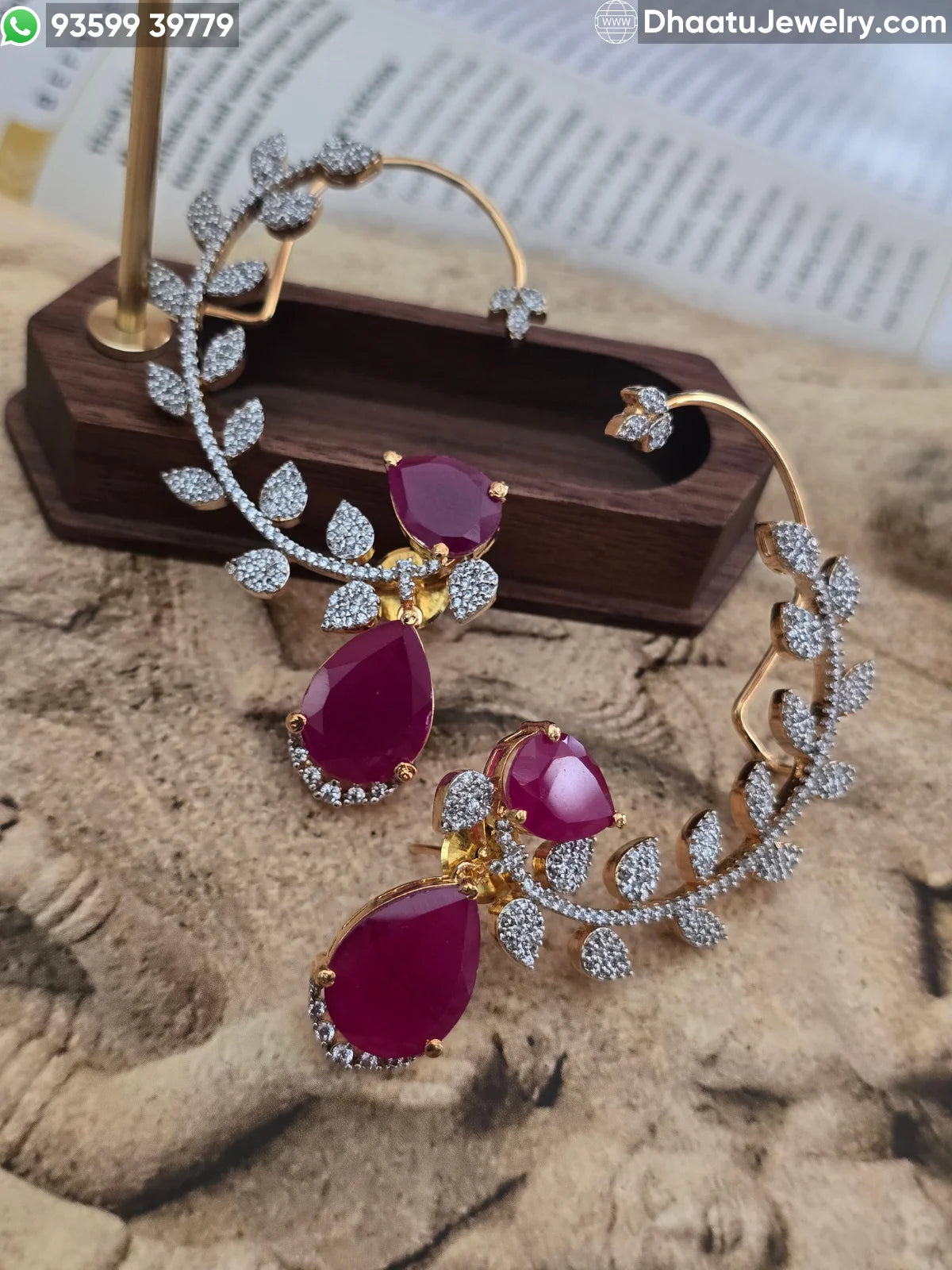 Premium Gold-Plated Floral Vine Ear Cuffs with Teardrop Gemstones – Available in Ruby Red & Emerald Green