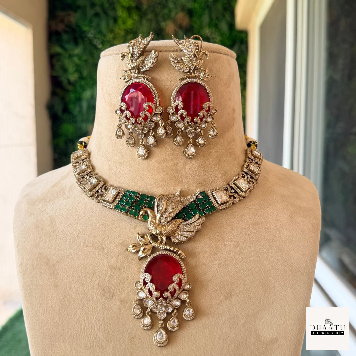 Handcrafted Peacock Motif Fusion Necklace Set with Polki Work and Vibrant Drop Stones