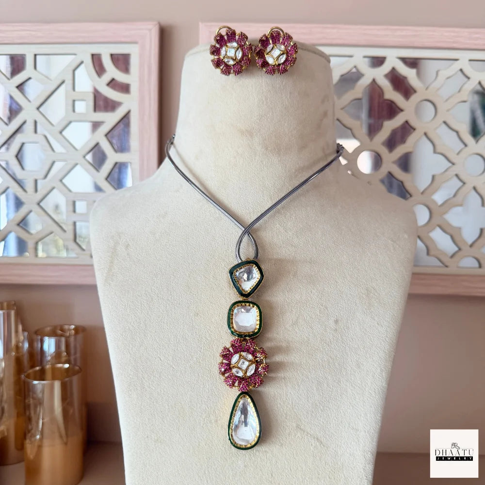 Handcrafted Kundan Polki Floral Pendant Necklace & Earrings Set With Meenakari Work