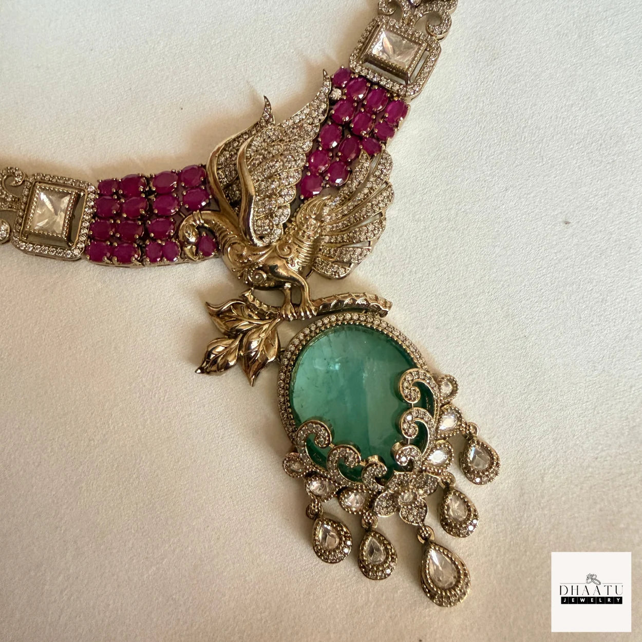 Handcrafted Peacock Motif Fusion Necklace Set with Polki Work and Vibrant Drop Stones