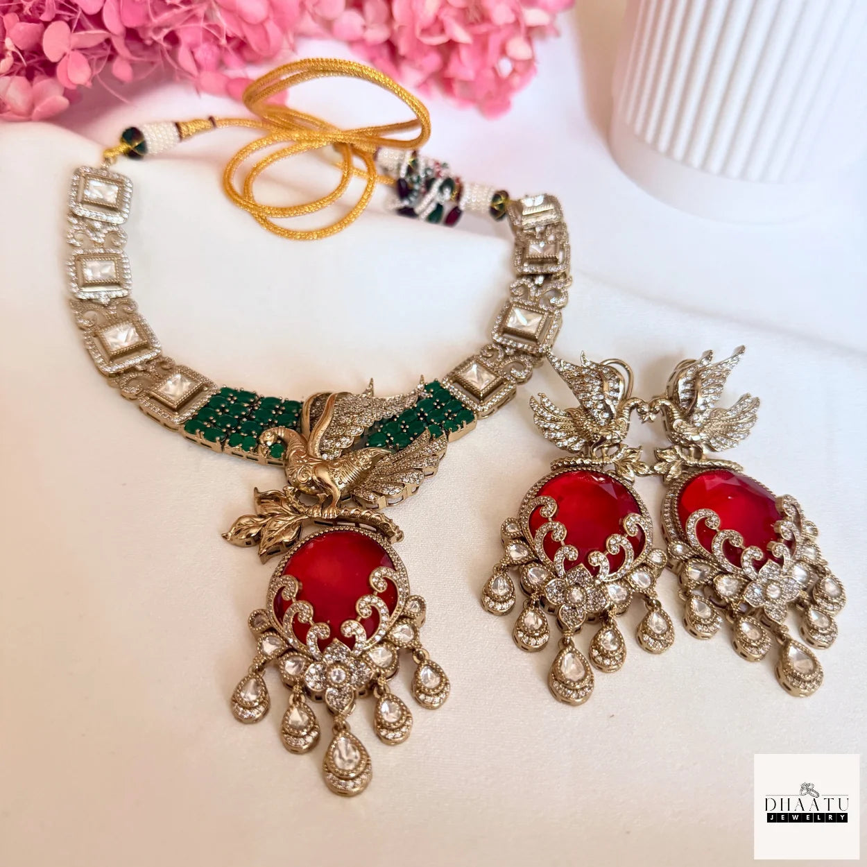 Handcrafted Peacock Motif Fusion Necklace Set with Polki Work and Vibrant Drop Stones