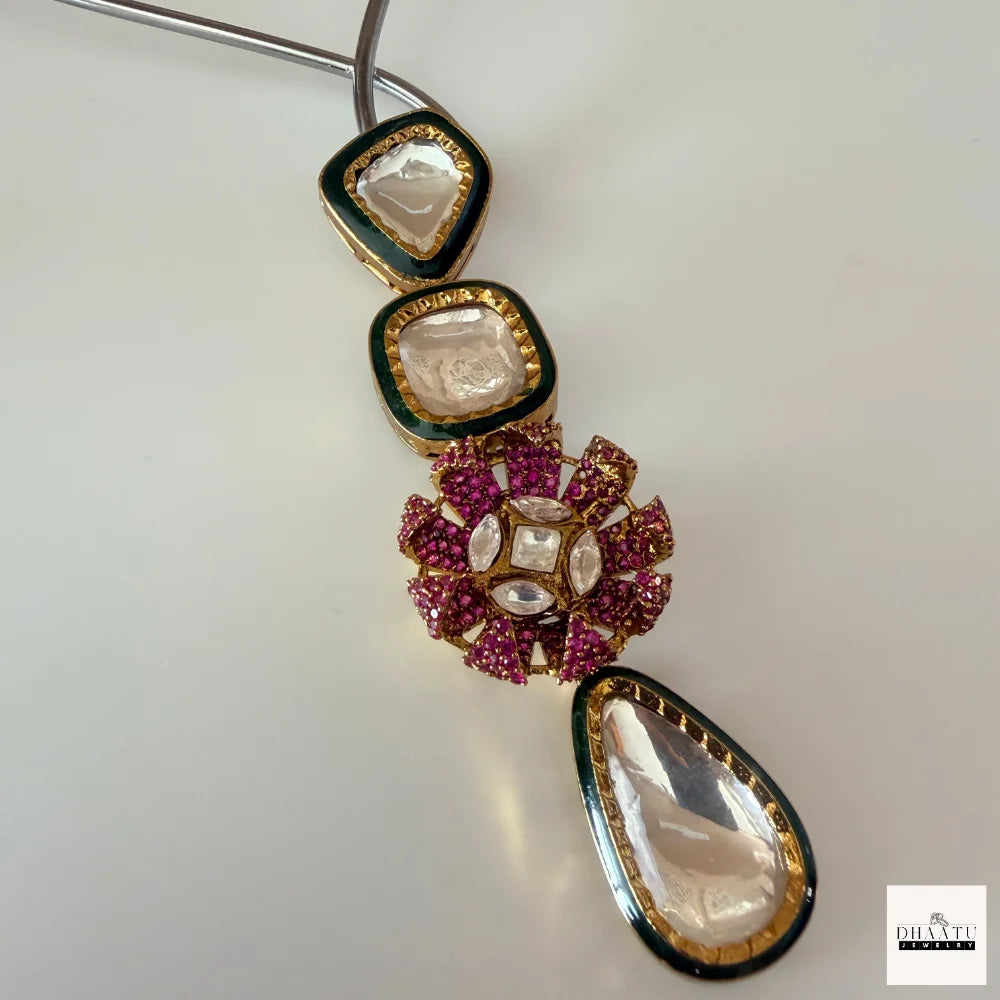 Handcrafted Kundan Polki Floral Pendant Necklace & Earrings Set With Meenakari Work