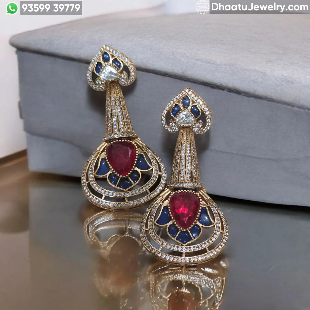Handcrafted Moissanite Polki Long Dangle Earrings with Multi-Color Doublet Gemstones in 18K Gold Plating - Traditional Meenakari Inspired Statement Drops