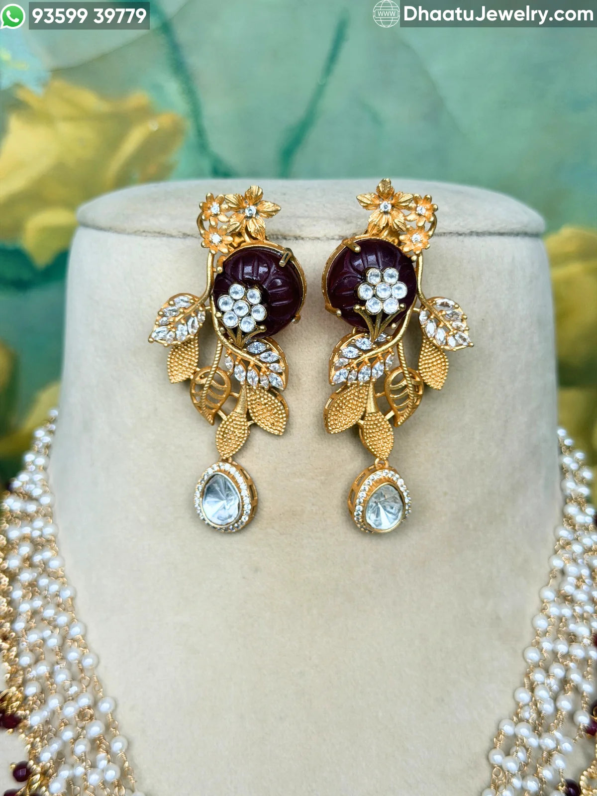 Gold-Finished Brass Floral Kundan & Pearl Layered Necklace Set with Matching Earrings