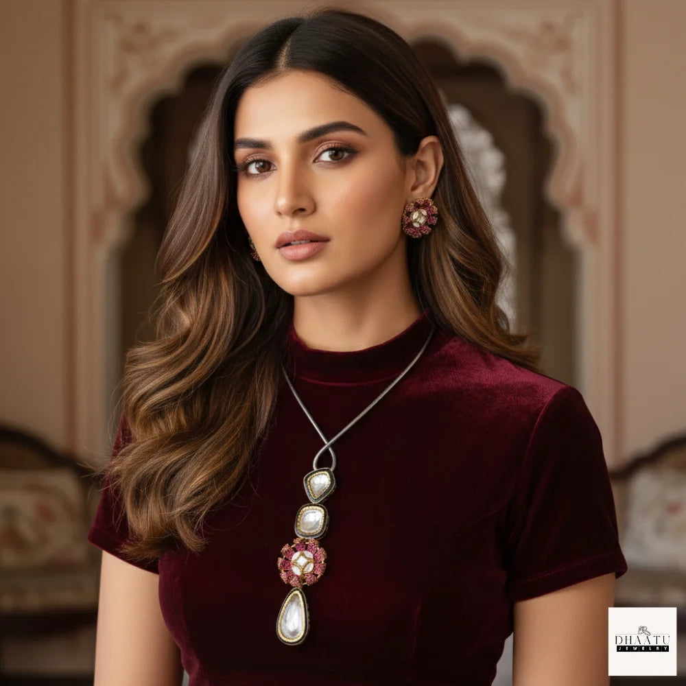 Handcrafted Kundan Polki Floral Pendant Necklace & Earrings Set With Meenakari Work