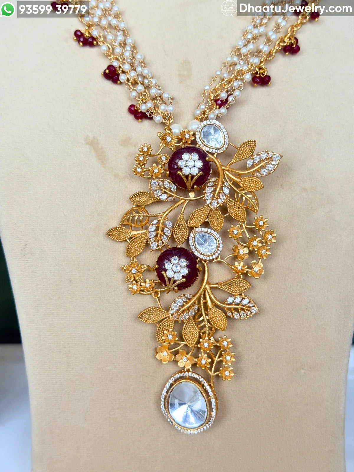 Gold-Finished Brass Floral Kundan & Pearl Layered Necklace Set with Matching Earrings