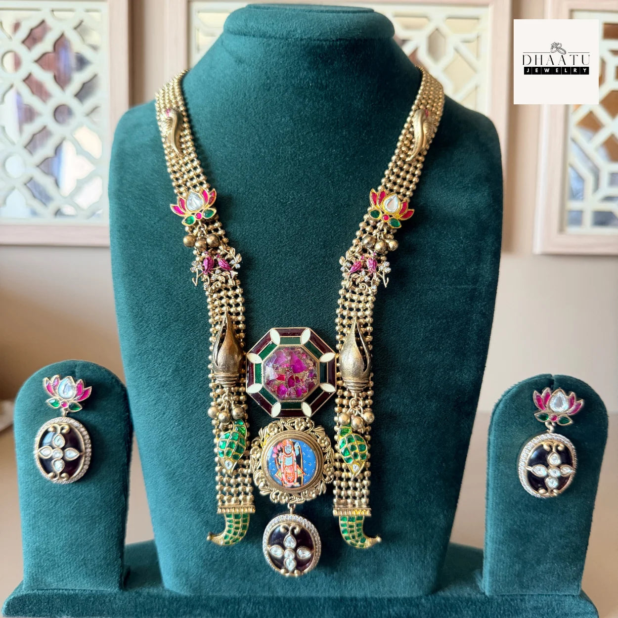 Handcrafted Shrinathji Temple Jewelry Set – Oxidized Gold Long Haar Necklace with Meenakari Work and Matching Earrings