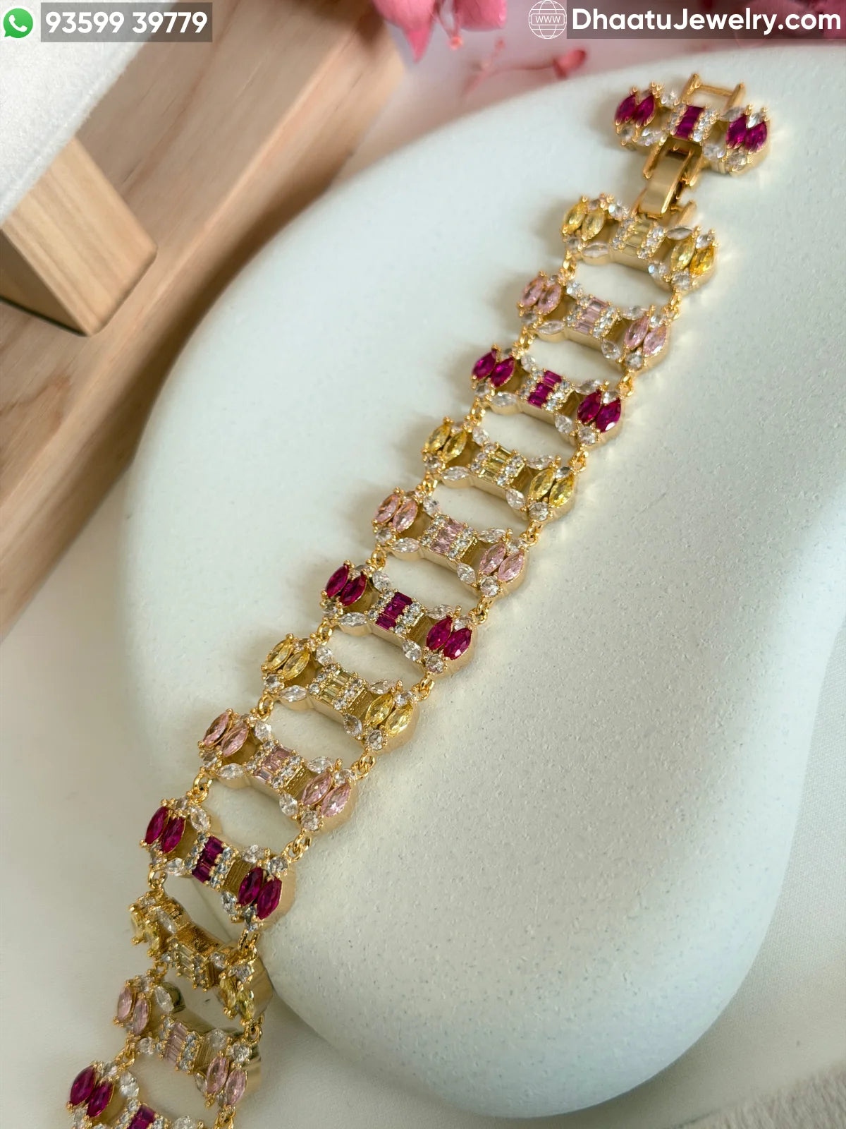 Multicolor Marquise & Baguette Crystal Gold-Plated Link Bracelet – 18cm to 21cm Adjustable Size