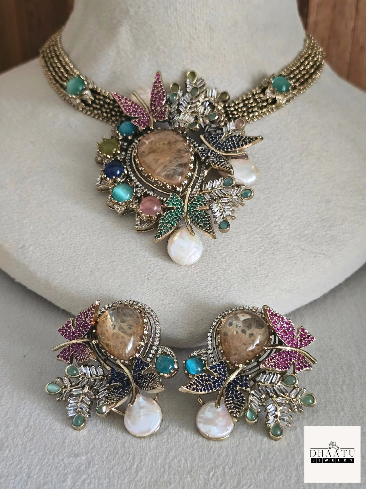 Rivaayat Butterfly & Leaf Motif Victorian Fusion Choker Set with Baroque Pearls