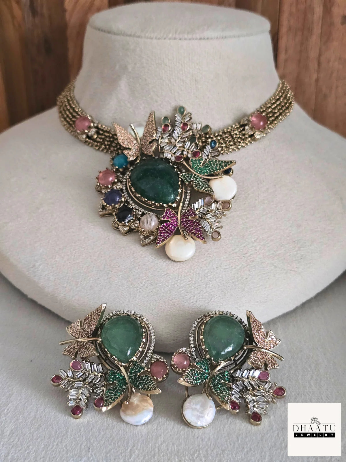 Rivaayat Butterfly & Leaf Motif Victorian Fusion Choker Set with Baroque Pearls