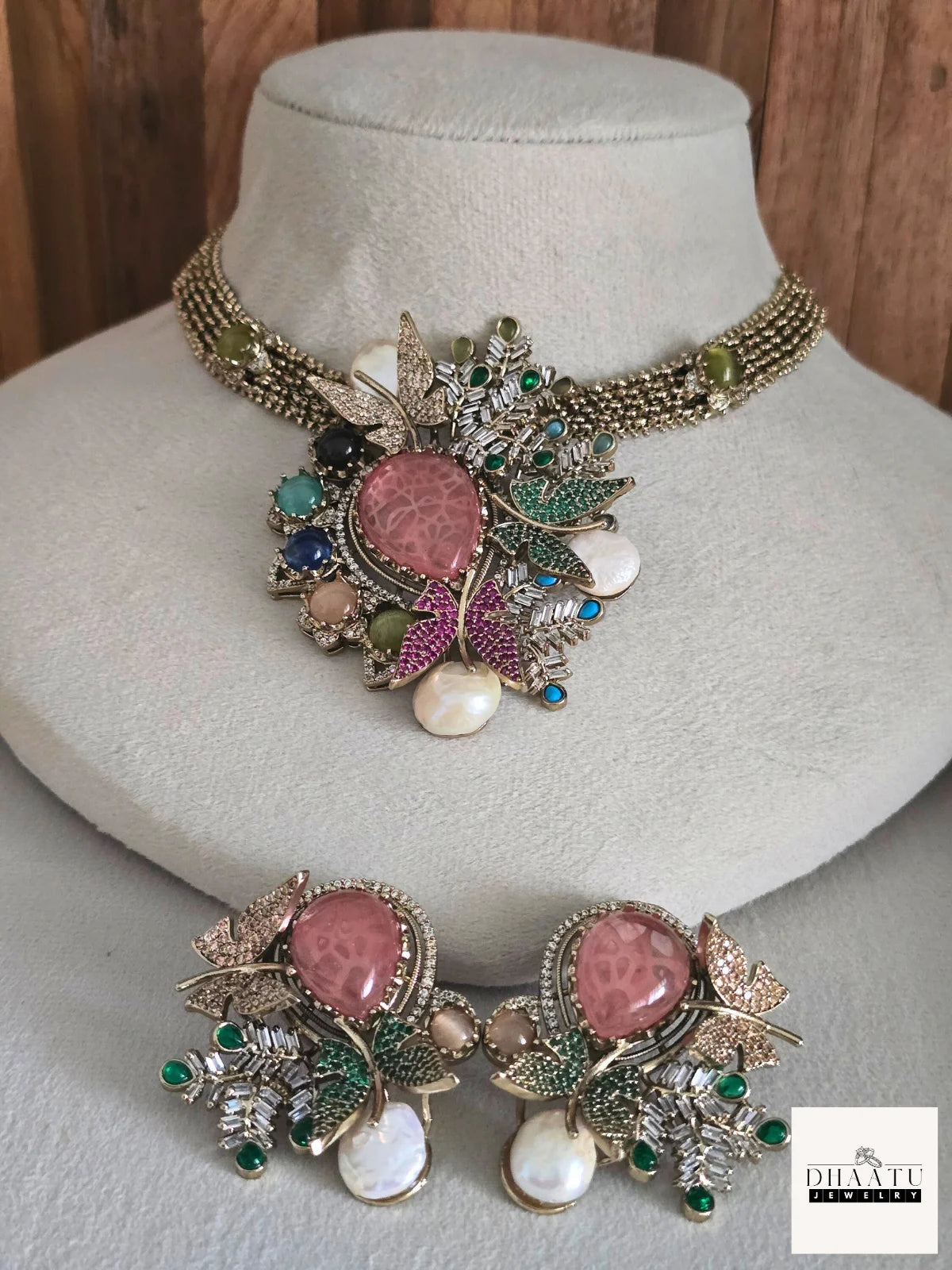 Rivaayat Butterfly & Leaf Motif Victorian Fusion Choker Set with Baroque Pearls