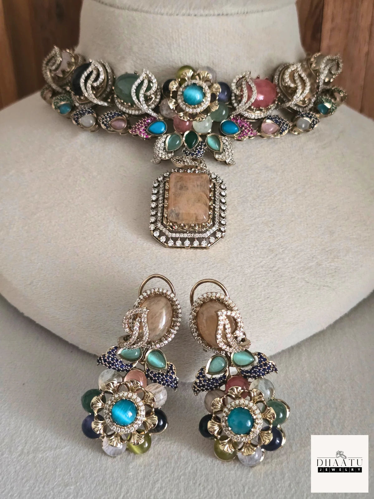 Rivaayat Antique Victorian Choker Set with Multi-Color Doublet Stones & Matching Earrings