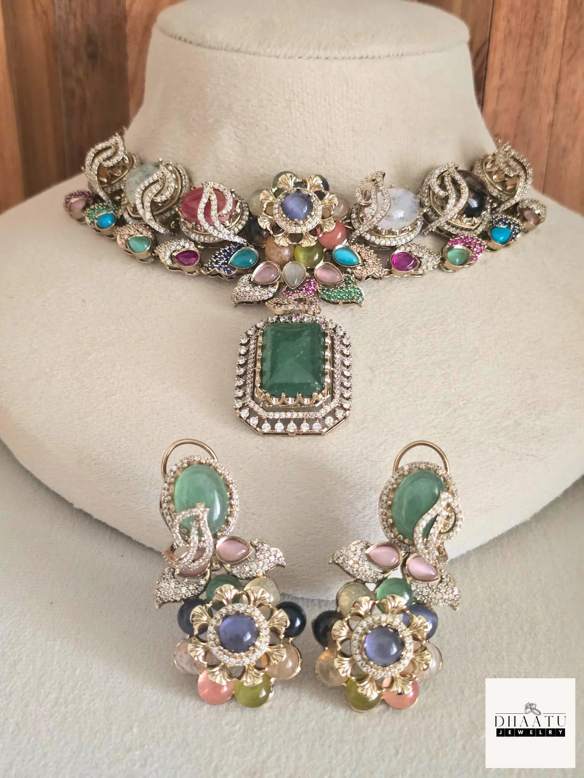 Rivaayat Antique Victorian Choker Set with Multi-Color Doublet Stones & Matching Earrings