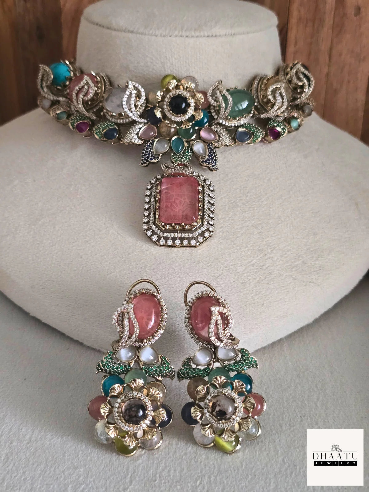 Rivaayat Antique Victorian Choker Set with Multi-Color Doublet Stones & Matching Earrings
